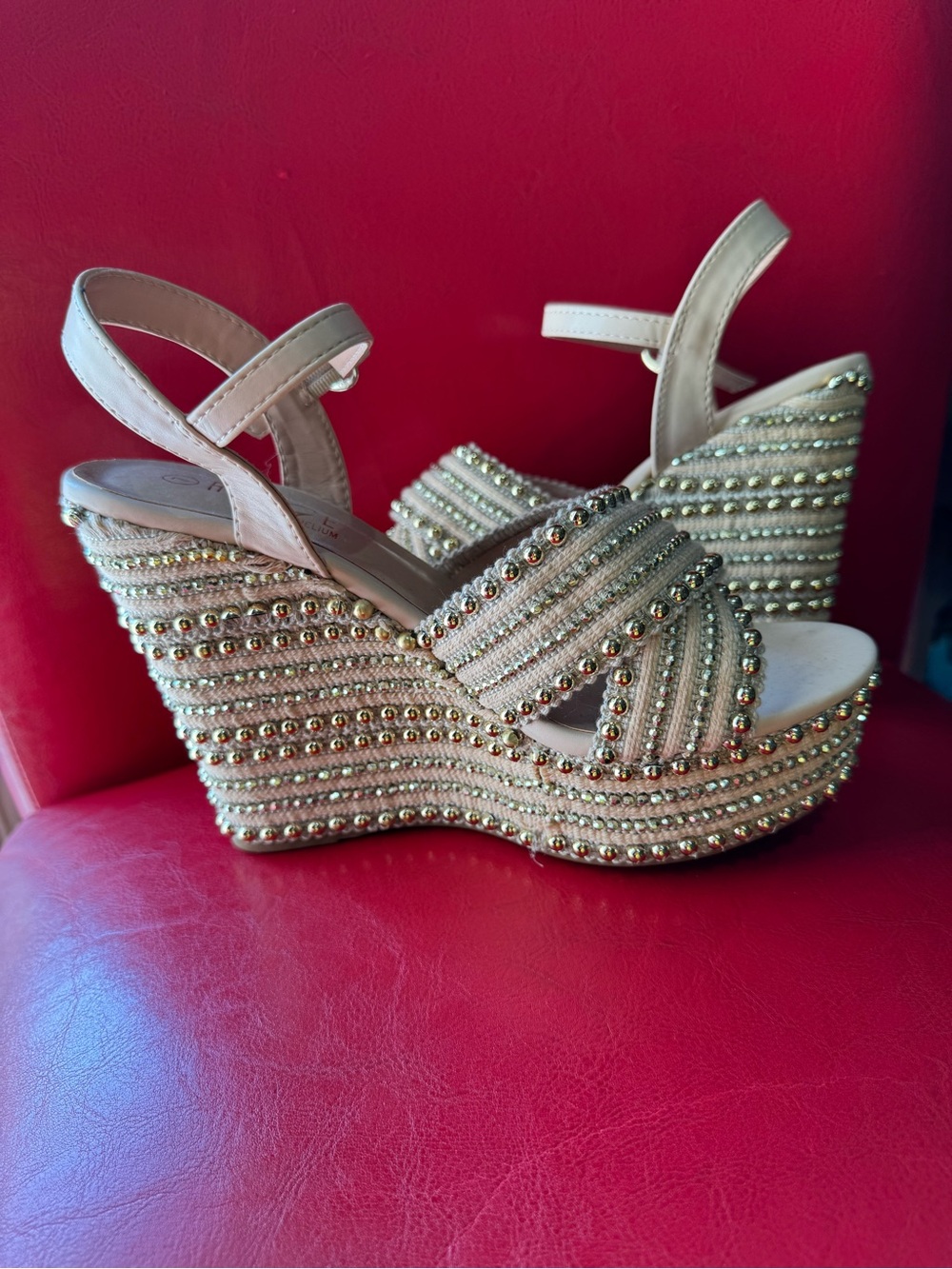 Rouge! Gold-Beaded Cream Wedge Sandals